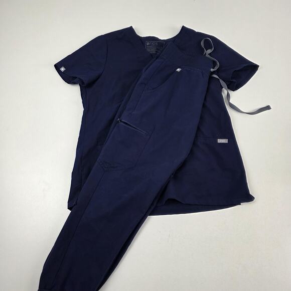 FIGS Scrub Set Womens Small Navy Blue V-Neck Top Jogger Pants Technical Pockets - Picture 1 of 16